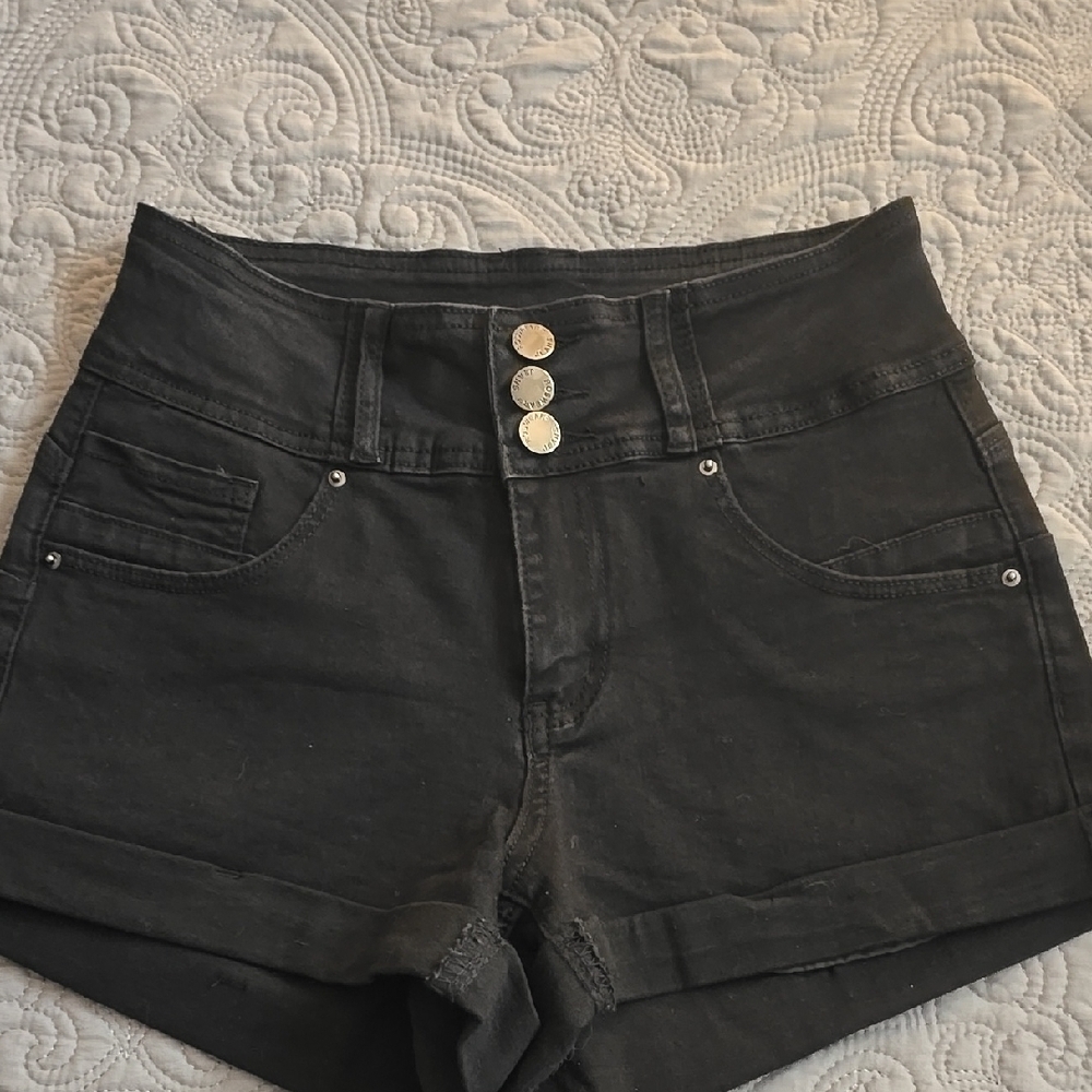 High Waist Black Denim Shorts with Folded Cuff - Picture 3 of 4
